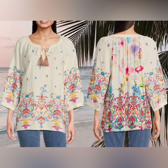 John Mark Womens Tunic Top Floral Embroidered Tassel Linen Size M Split Neck NWT - Picture 1 of 15